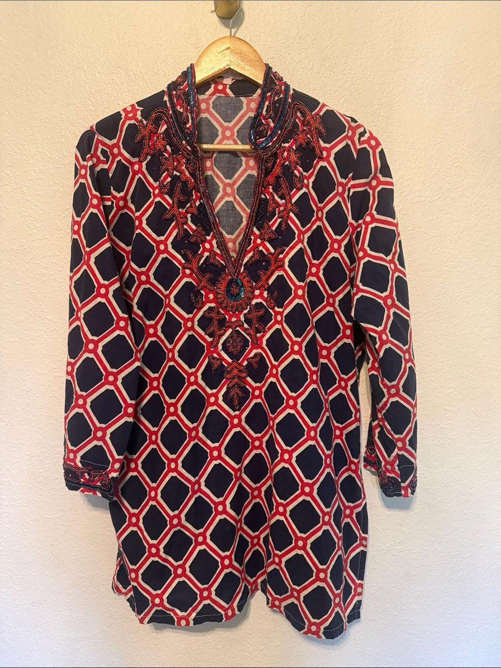 Barbara Gerwit beaded tunic red white blue shirt large